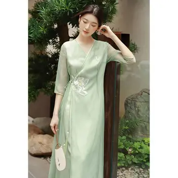 Китайский национальный стиль ретро воротник с вышивкой Hanfu тонкое длинное платье