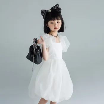 Эксклюзивная одежда для маленьких девочек, однотонное шифоновое платье с пышными рукавами и вырезом лодочкой, Детское праздничное платье для выпускного вечера в корейском стиле, Сетчатое платье длиной до колен, Vestidos