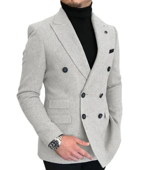 Зимнее пальто 2023, Мужской Шерстяной костюм, двубортный твидовый пиджак, 2 предмета, Приталенные Смокинги с вырезами на Лацканах Для Свадьбы (Блейзер + брюки).