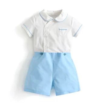 2023 Комплект испанской одежды для маленьких мальчиков, Летний Бутик, Детская Белая рубашка, Хлопковые шорты с голубой отделкой, День Рождения, Крещение, Праздничные группы